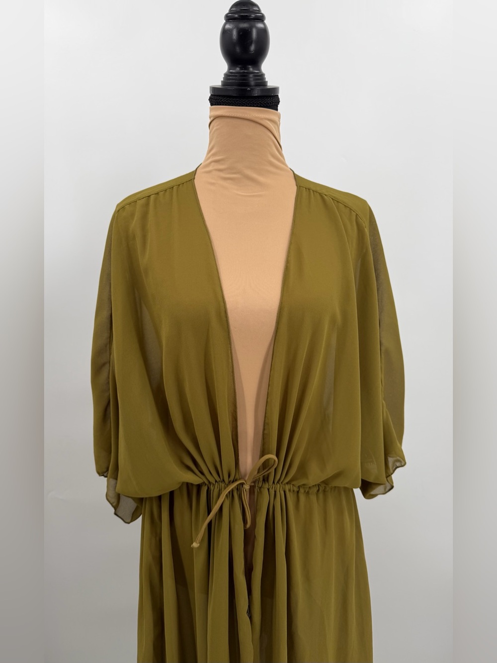 Olive Green Chiffon Maxi kimono Swim Cover Up S Resort Beach vacation flowy - Picture 6 of 12